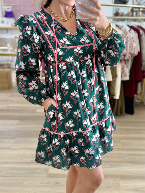 Long Sleeve Green Printed Dress