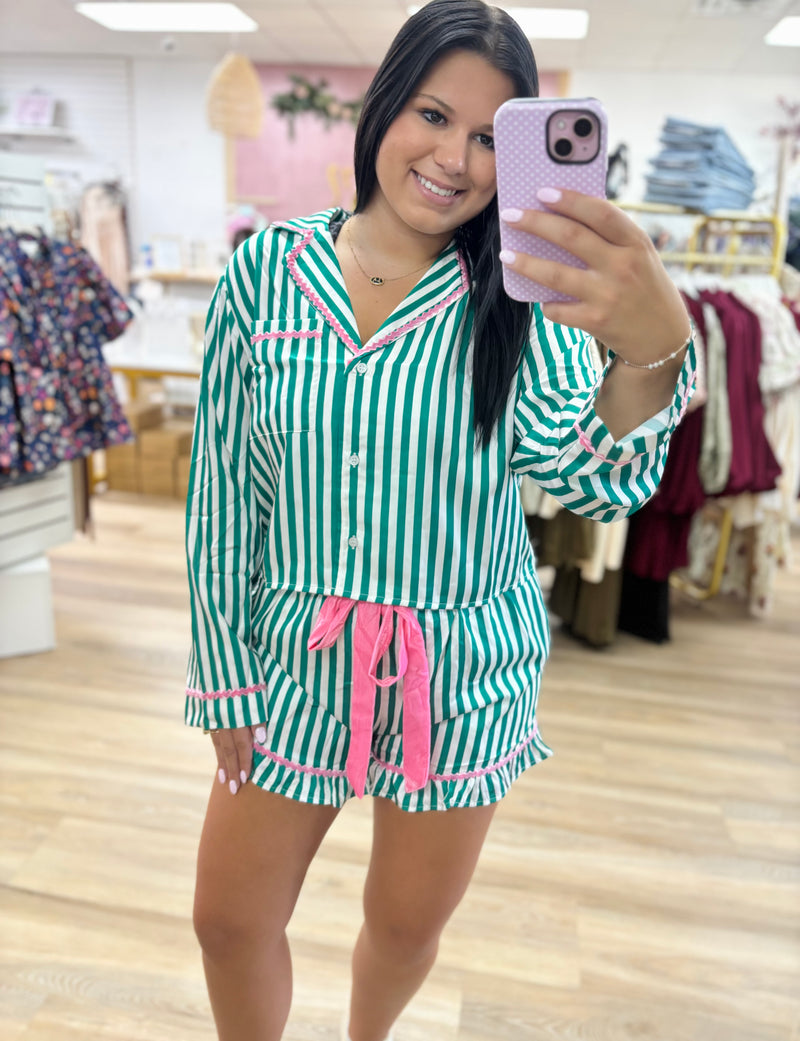 Green/White Stripe PJ Set
