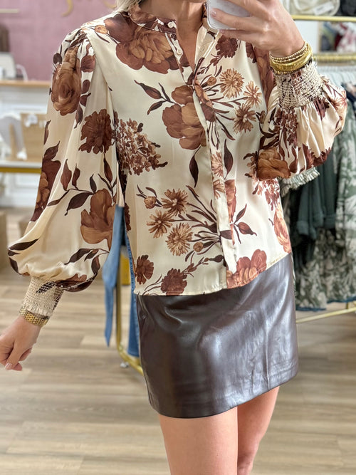 Cream/Brown Floral Satin Blouse