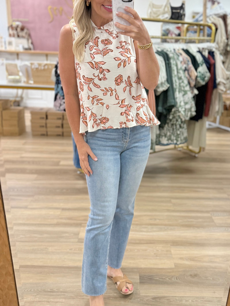 Cream Sleeveless Floral Top