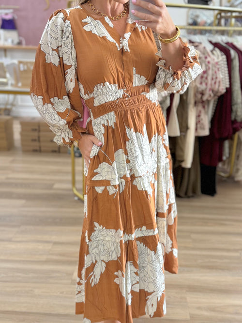 Rust Floral Midi Dress