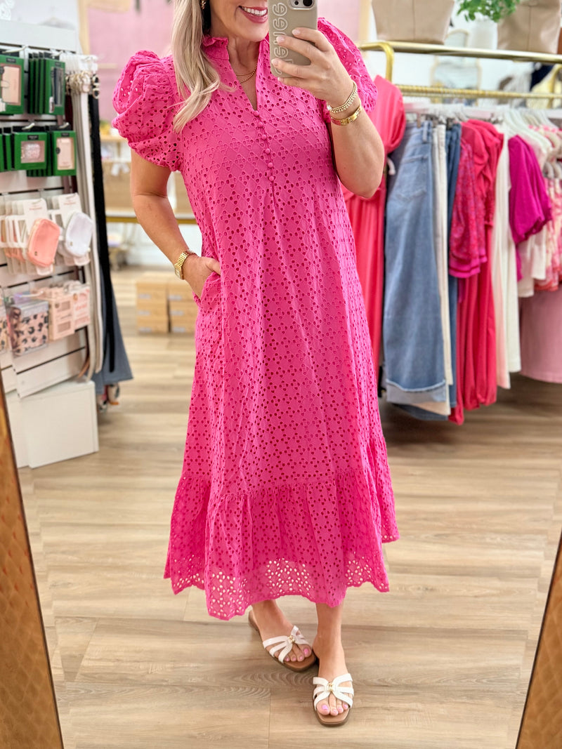 Hot Pink Eyelet Midi Dress Medium