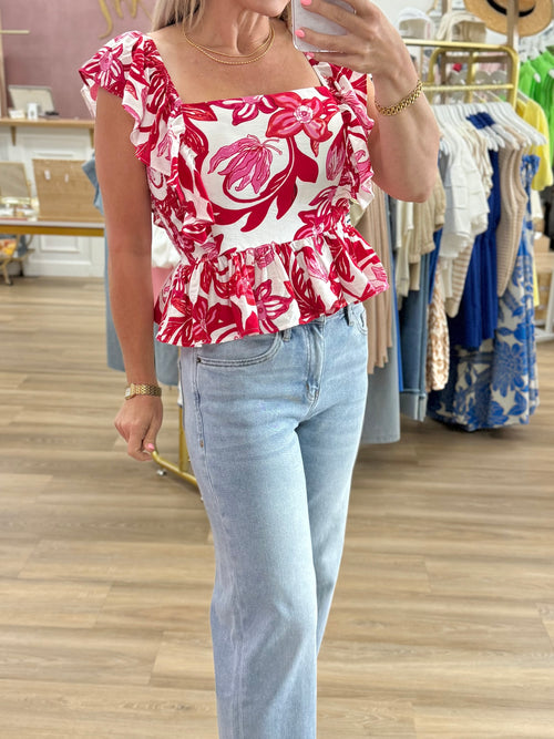 Red Tropical Print Top