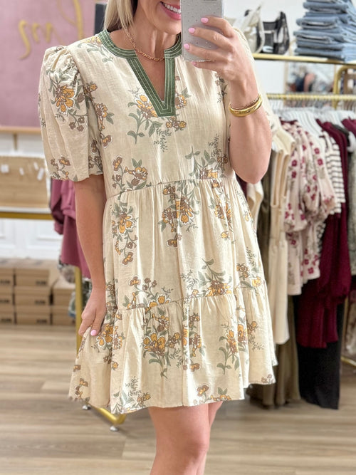 Cream Floral V-Neck Dress