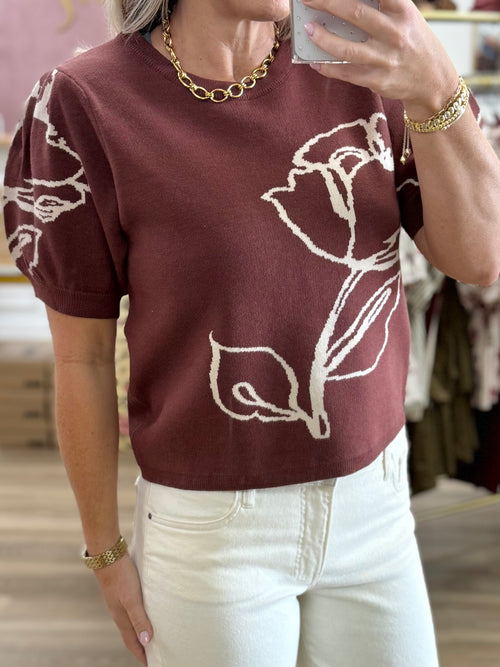 Brown Floral Puff Sleeve Sweater