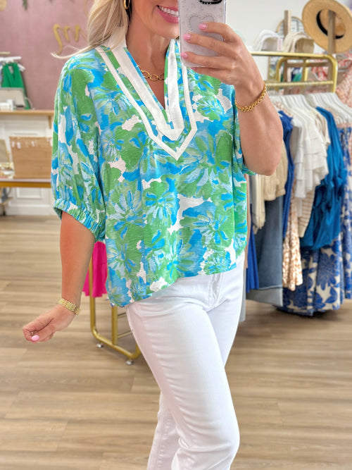 Green/Blue Floral Dolman Top