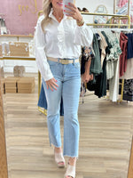 White Ruffle Front Button Up Top