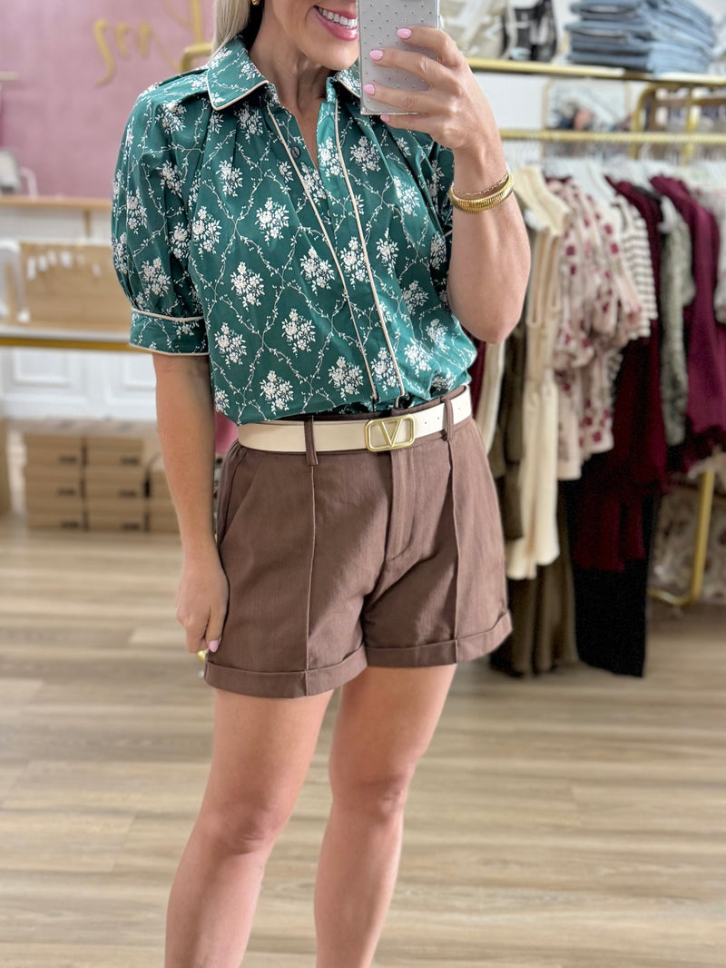 Green Floral Button Up