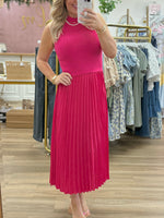 Hot Pink Pleated Midi Dress