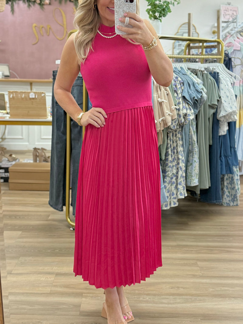 Hot Pink Pleated Midi Dress