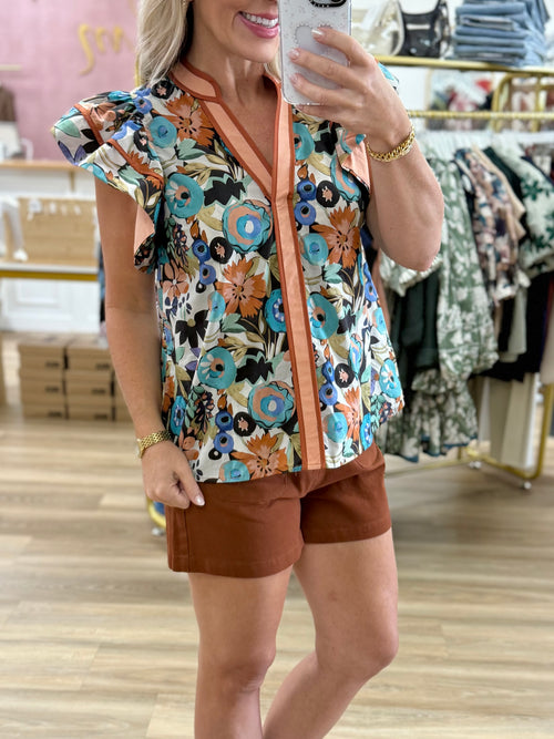 Multi-Floral Flutter Sleeve Top