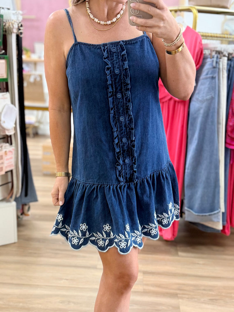 embroidered denim mini dress Floral Azen mini Velvet Colors:Chocolate Brown 780 Zipper Up O'Connell's Spread Collar Dress White Embroidered Denim Drew