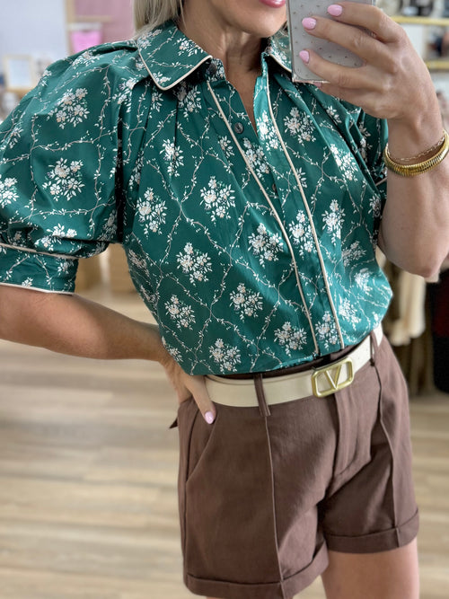 Green Floral Button Up