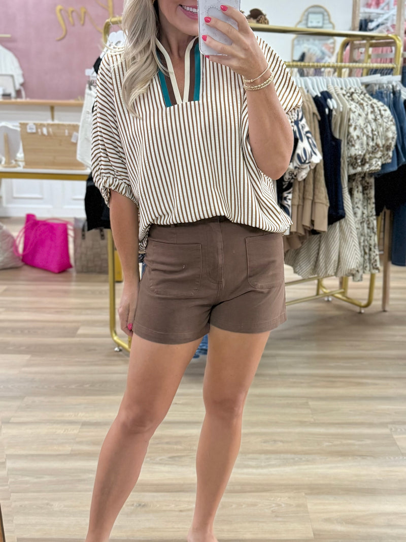 Brown Stripe Dolman Sleeve Top