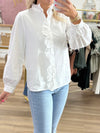 White Ruffle Front Button Up Top