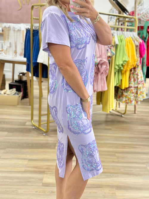 QOS Lavender Sequin Midi Dress