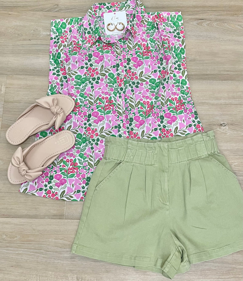 Pink/Green Floral Button Up