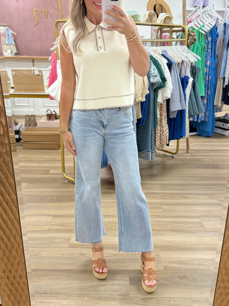 Cream Knit Top w/Stitching Detail