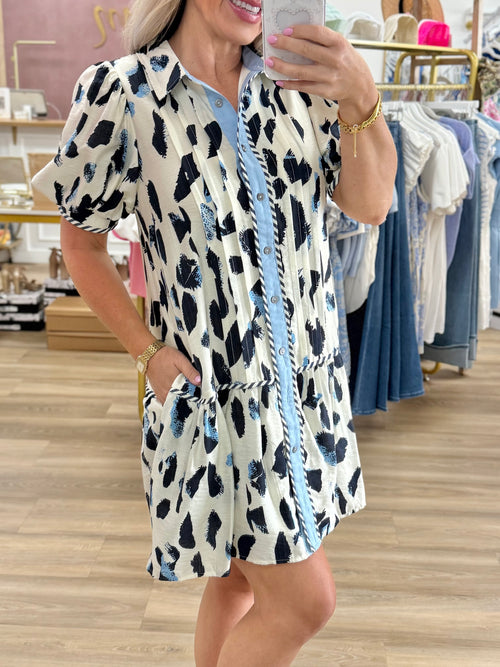 Cream/Navy Printed Dress