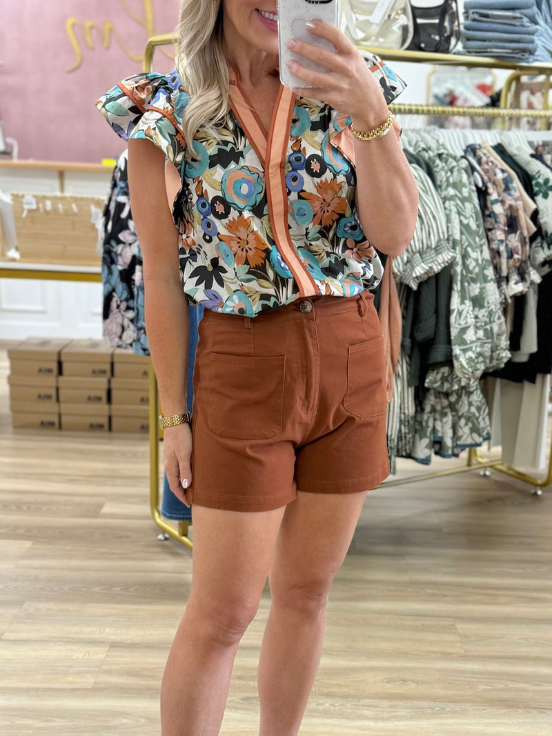 Multi-Floral Flutter Sleeve Top