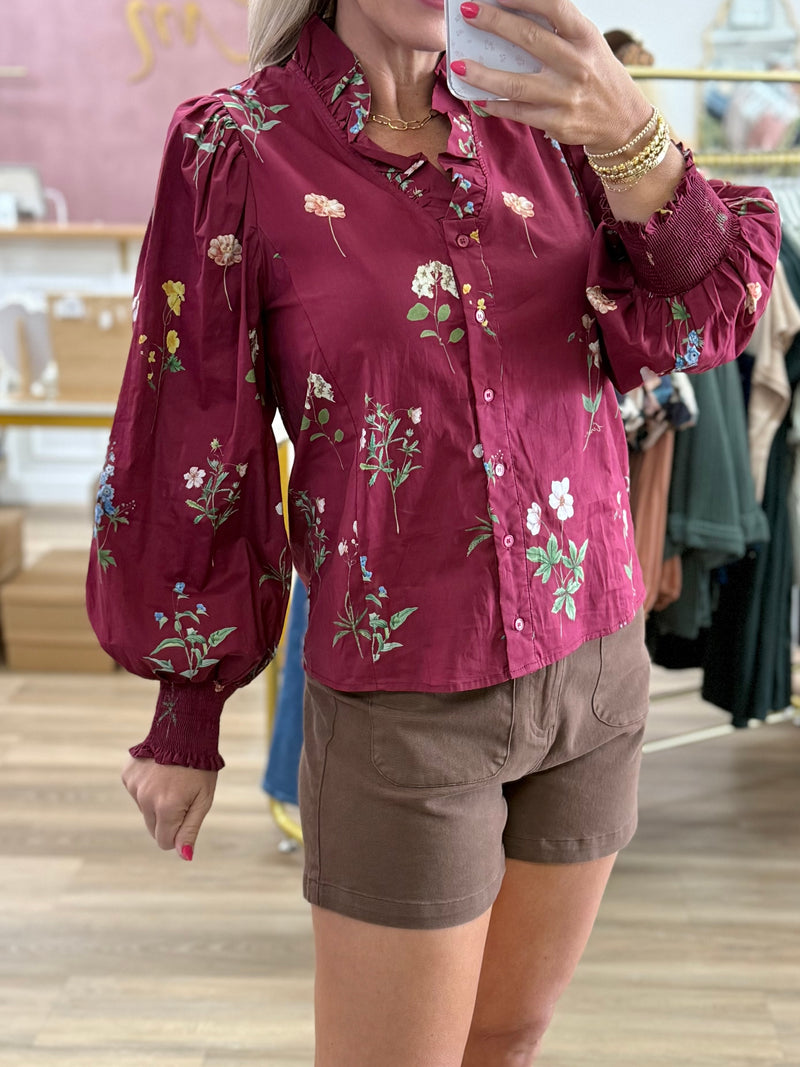 Burgundy Floral Button Up Top