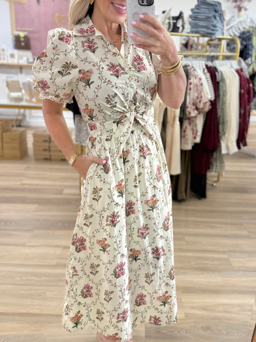 Cream Botanical Print Midi