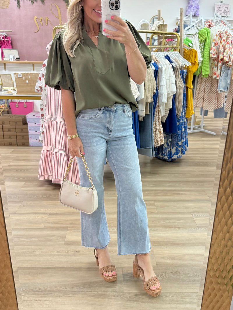 Olive Puff Sleeve Top