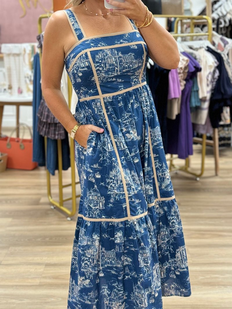 Navy Printed Midi Dress