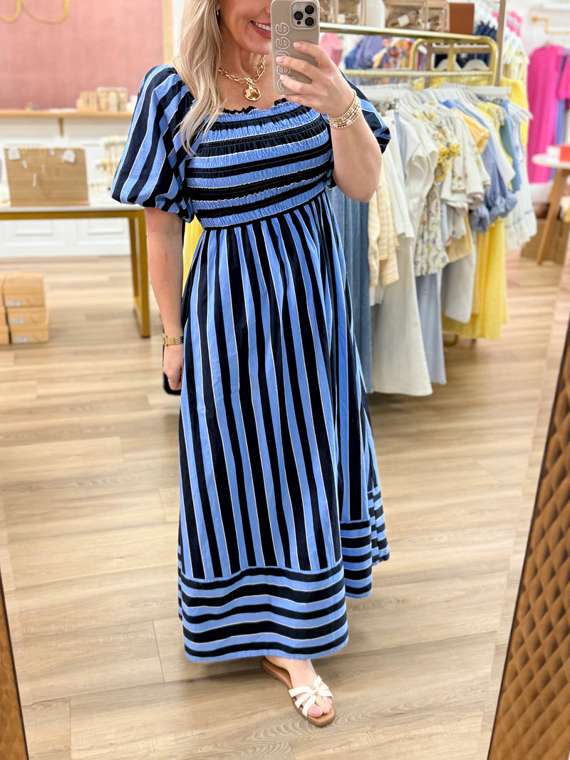 navy stripe midi dress Navy Stripe Taffeta Midi Dress