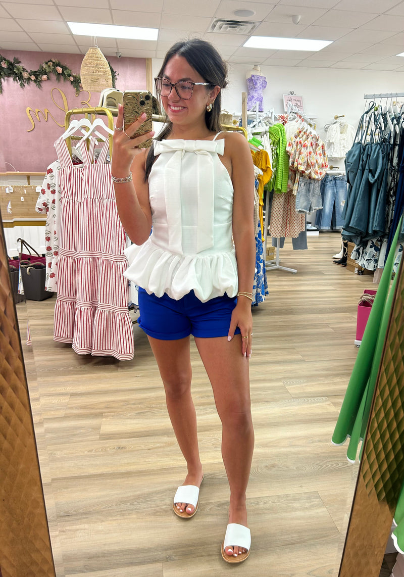 White Bow Peplum Top