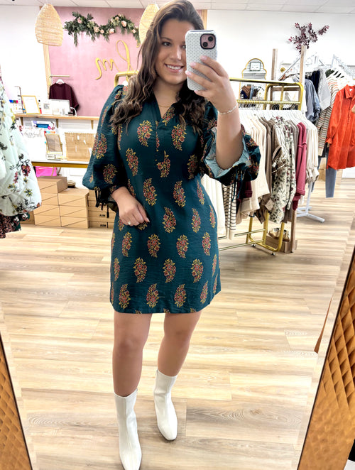 Green Floral 3/4 Sleeve Dress