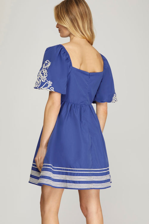 Navy Embroidered Sleeve Dress