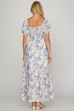 Blue/Cream Smocked Maxi Dress