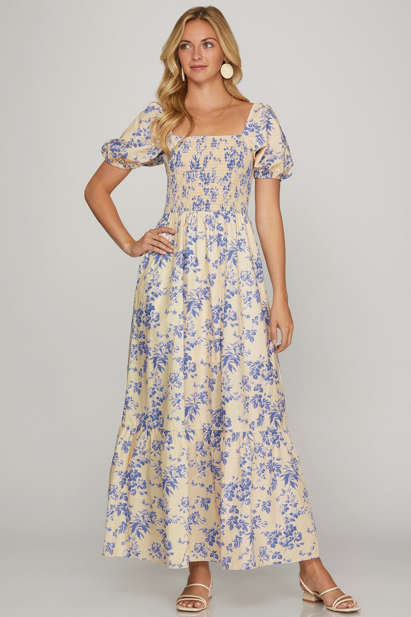 Blue/Cream Smocked Maxi Dress