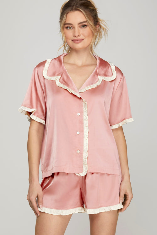 Satin/Ruffle Trim Pajama Set