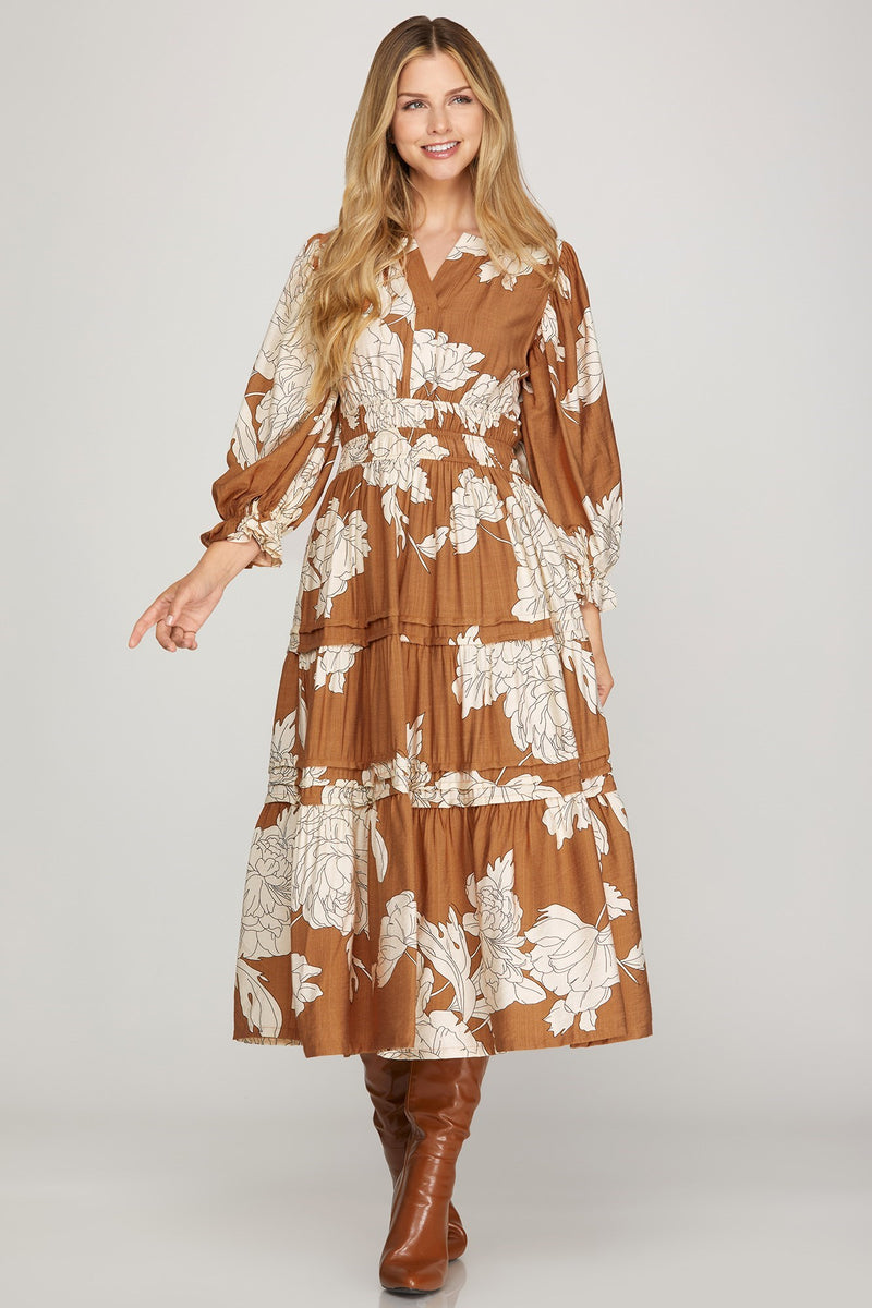 Rust Floral Midi Dress