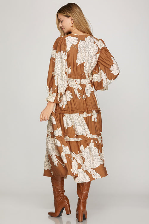 Rust Floral Midi Dress