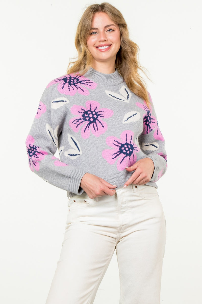 Grey Sweater w/Pink Flowers