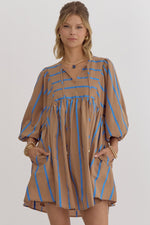 Mocha/Blue Stripe Babydoll Dress