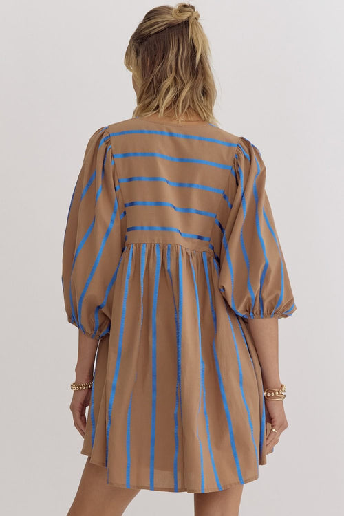 Mocha/Blue Stripe Babydoll Dress