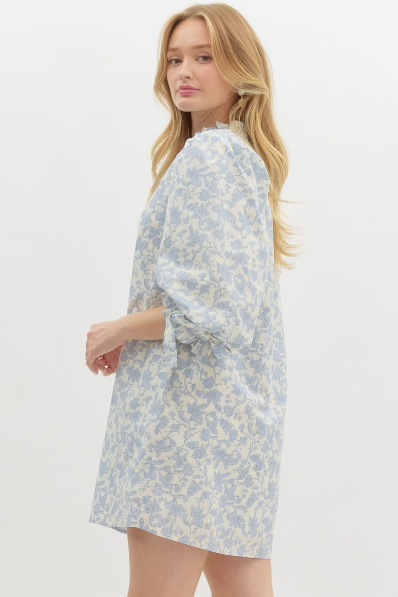 Blue Floral 3/4 Sleeve Dress