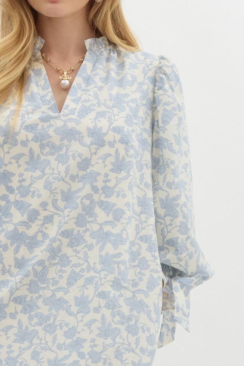 Blue Floral 3/4 Sleeve Dress