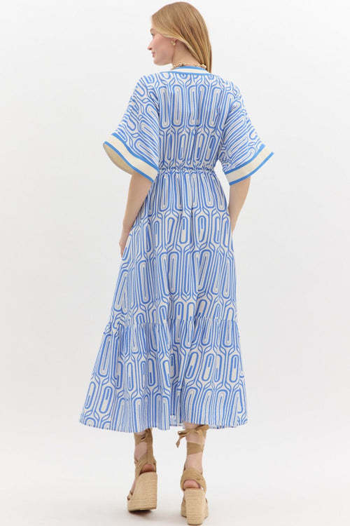 Blue/White Abstract Print Midi