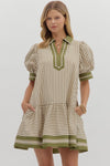 Olive Stripe Puff Sleeve Dress