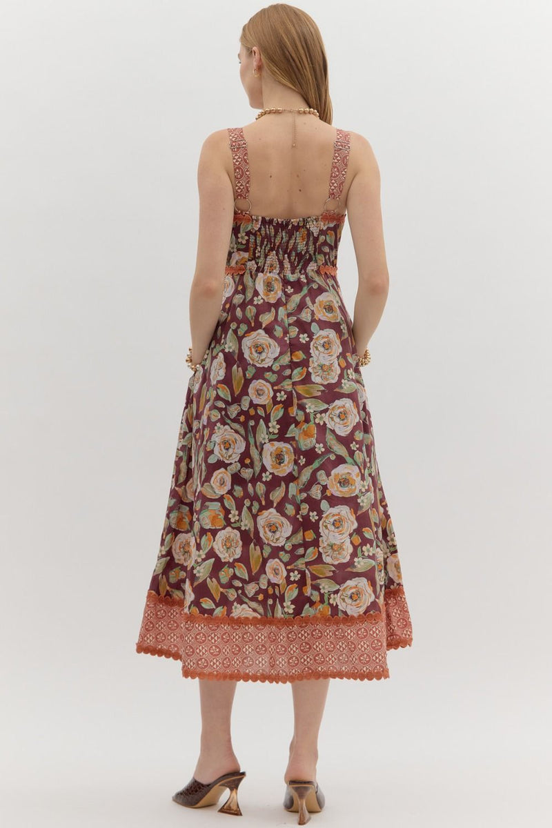 Burgundy Floral Midi Dress