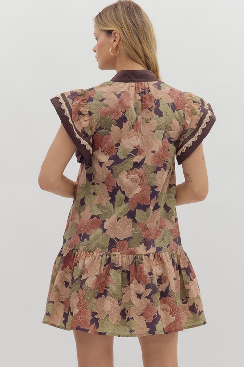 Brown Print Flutter Sleeve Dress