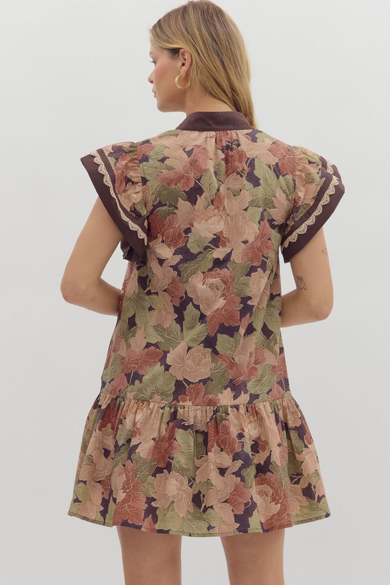Brown Print Flutter Sleeve Dress