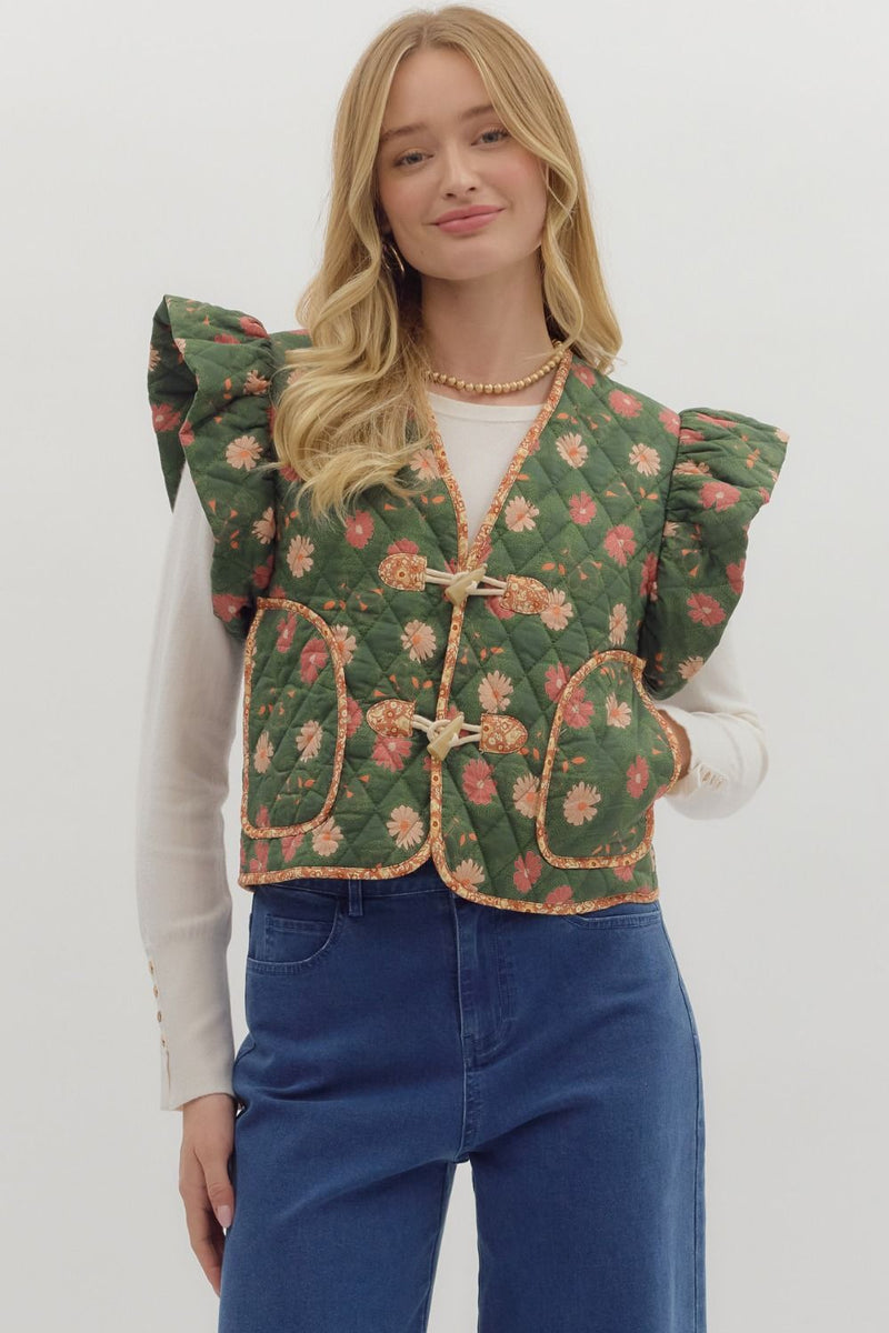 Green Floral Quilted Vest