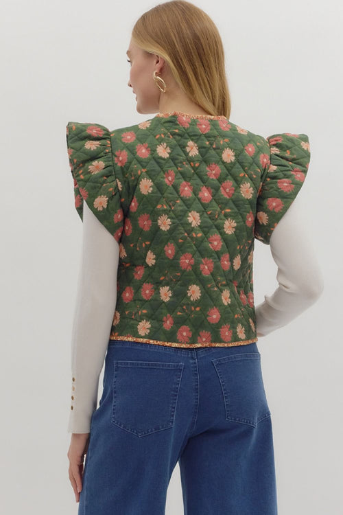 Green Floral Quilted Vest