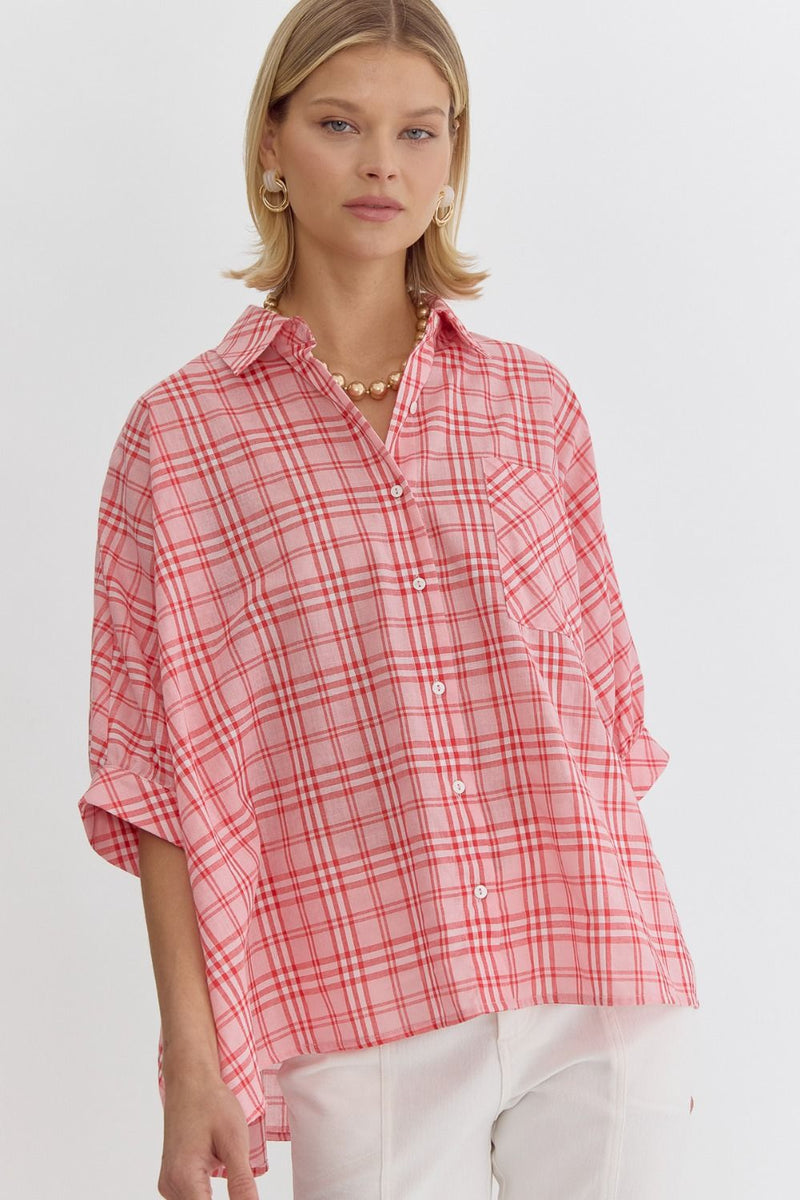 Pink/Red Plaid Button Up